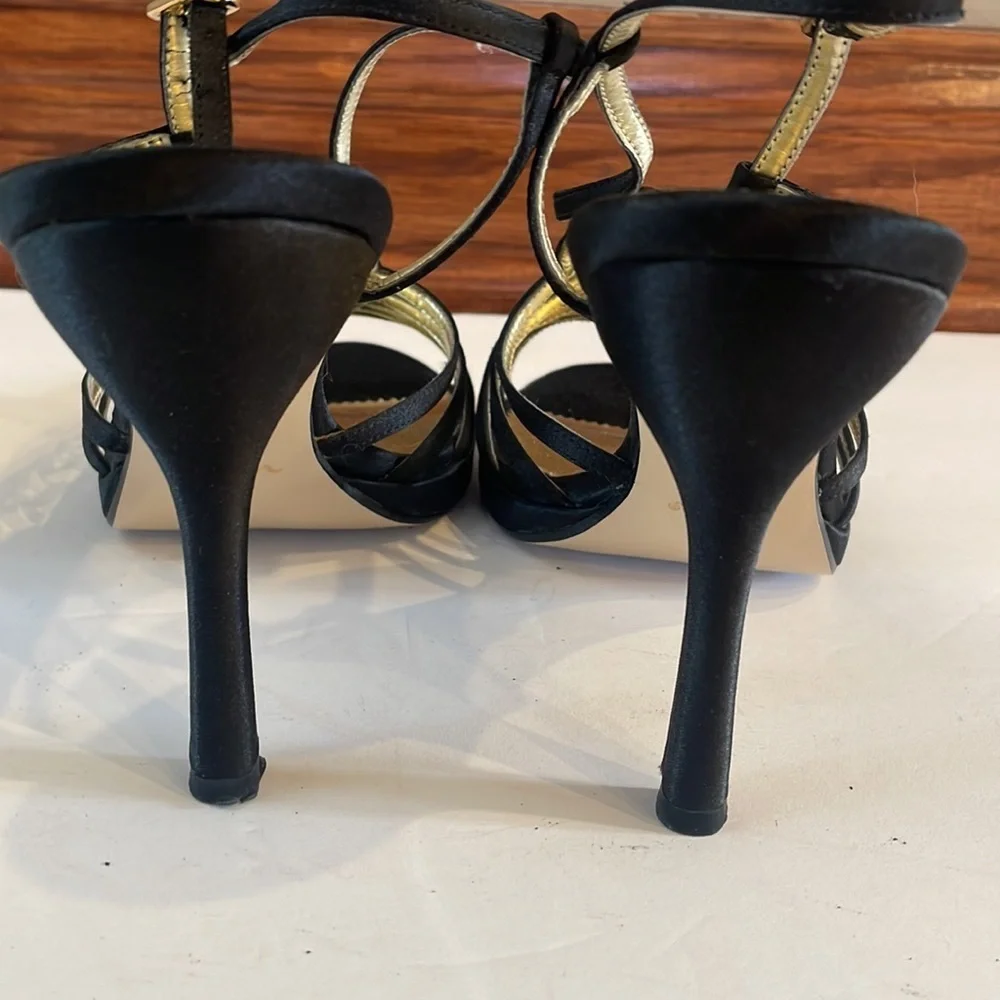 NINA satin Black heel Sandals / strappy  /  black rhinestones accents size 9M